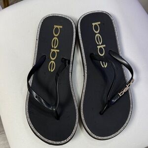 bebe Black Rhinestone-Edge Flip Flops
